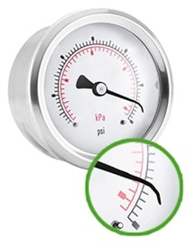 Manometer mit gebogenem Zeiger von einer Druckspitze Manometer mit gebogenem Zeiger von einer Druckspitze