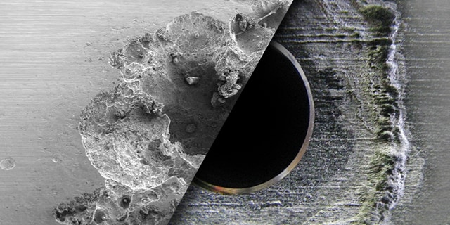 ステンレス鋼に生じた孔食とすき間腐食との比較画像